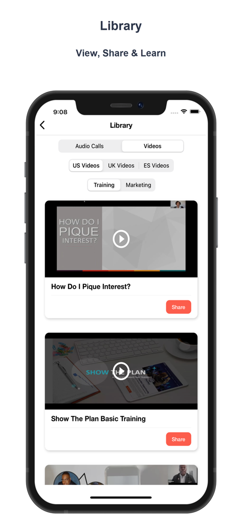 PlanNet Marketing Reps - PlanNet Marketing Reps app library screen showing training and marketing videos