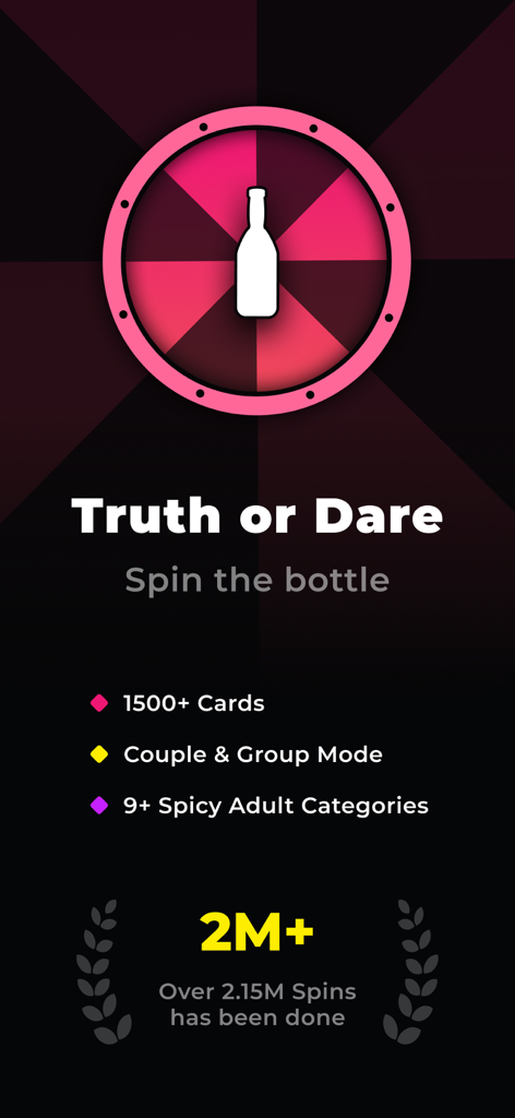 Dirty Truth or Dare Adult Game - Pantalla de la aplicación móvil de Verdad o Atrevimiento con la ruleta y categorías de juegos para adultos