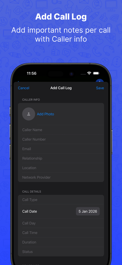 Schermata dell'app Who Called Plus per aggiungere un nuovo registro chiamate con campi per le informazioni sul chiamante e i dettagli della chiamata