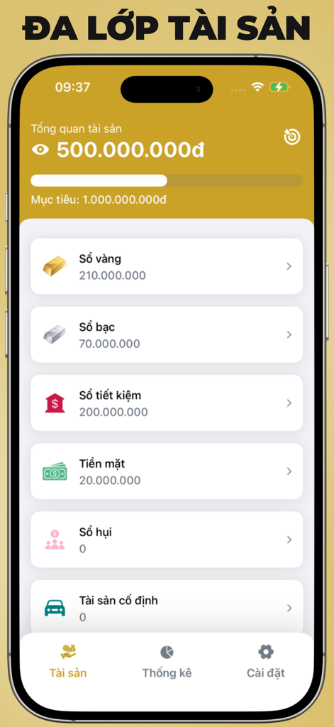 Sổ Vàng Tích Sản - Interfaz móvil de la aplicación Sổ Vàng Tích Sản que muestra un resumen de activos financieros, incluyendo oro, ahorros y efectivo en vietnamita