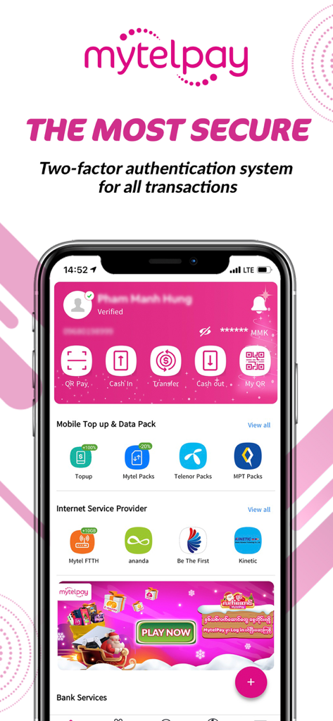 MytelPay - MytelPay app dashboard showing secure payment options and mobile top up services