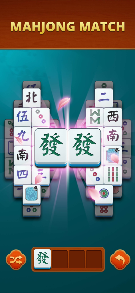 Mahjong Match - Pair Puzzle - Gameplay-Ansicht von Mahjong Match mit großen traditionellen Kacheln, die mit einem Zen-Hintergrund gepaart werden