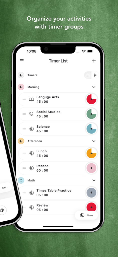 Interface do Time Timer Enterprise Edition mostrando uma lista de temporizadores visuais organizados em grupos matutino, vespertino e de matemática