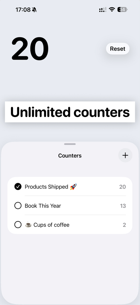 Tally Counter - Clicker App - Interface minimalista de contador tally mostrando uma lista de contadores personalizados para rastrear produtos enviados, livros e ingestão de café