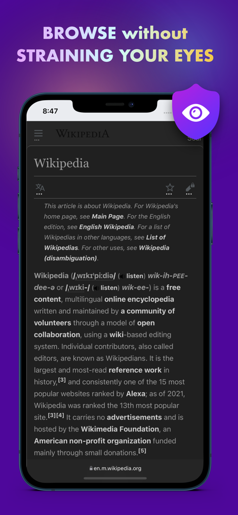 Browser - Dark Mode for Safari - Pantalla de iPhone mostrando Wikipedia en modo oscuro usando una extensión del navegador Safari