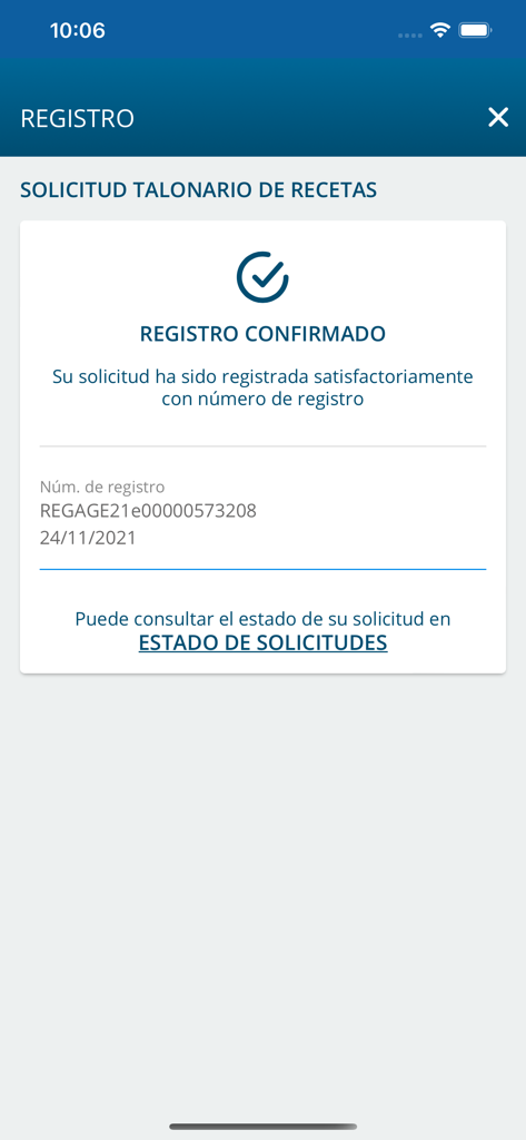 Muface Móvil - Confirmation screen for a prescription booklet request within the Muface Movil mobile application