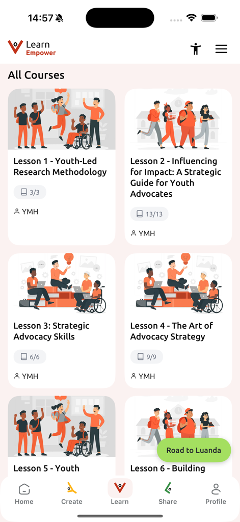 AU-EU Youth Voices Lab - Mobile app screen displaying a library of advocacy and research methodology courses for youth empowerment.
