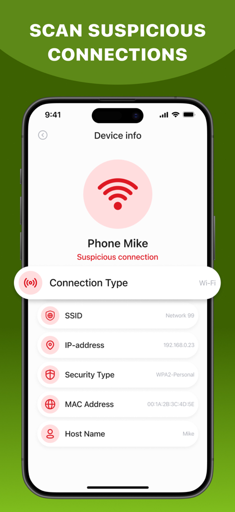 Hidden Detect: Device Finder - Smartphone screen displaying detailed network information for a suspicious device connection within the Hidden Detect app.