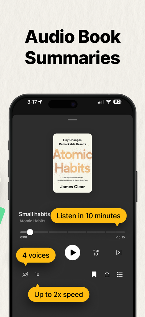 Lettore audio dell'app SoBrief che mostra un riassunto di libro da 10 minuti di Atomic Habits