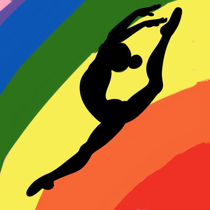 gymnast doing a leap in a leotard with a bent back leg