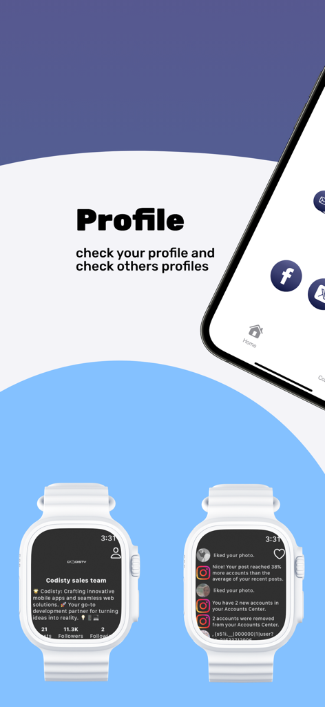 Pix For Watch - Profilo Instagram e notifiche delle attività visualizzati su un Apple Watch utilizzando l'app Pix For Watch