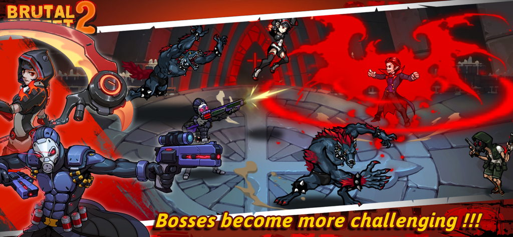 An action-packed boss battle scene in Brutal Street 2 showing heroes fighting multiple enemies including a werewolf and a vampire