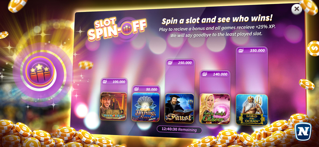 Slotpark Casino Slot Spin-Off Event-Bildschirm mit beliebten Slotspielen wie Book of Ra und Lord of the Ocean im Wettbewerb.