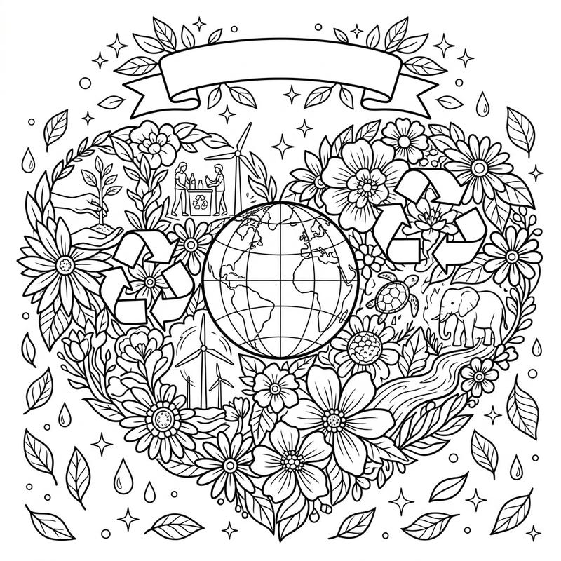 Immerse yourself in nature's beauty and environmental awareness with this stunning floral heart coloring page. Perfect for celebrating Earth Day, it beautifully intertwines blooming flowers with symbols of global protection and conservation.