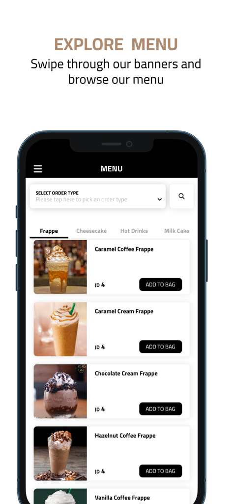 Touche La Bouche mobile app menu displaying various frappe drinks with images and prices