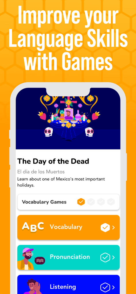 Beelinguapp: Language Learning - Beelinguapp interface showing vocabulary, pronunciation, and listening games based on a story about the Day of the Dead.
