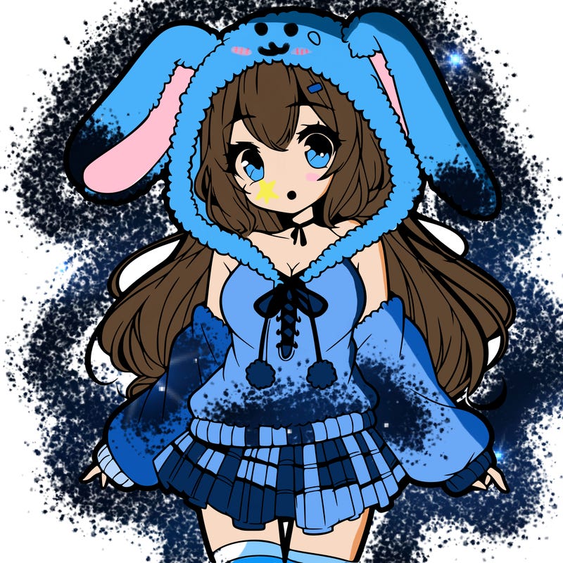 pretty anime girl wearing a fluffy hoodie with bunny ears on the hood and a skirt