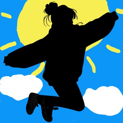 realistic girl jumping with a bun and oversized sweatshirt