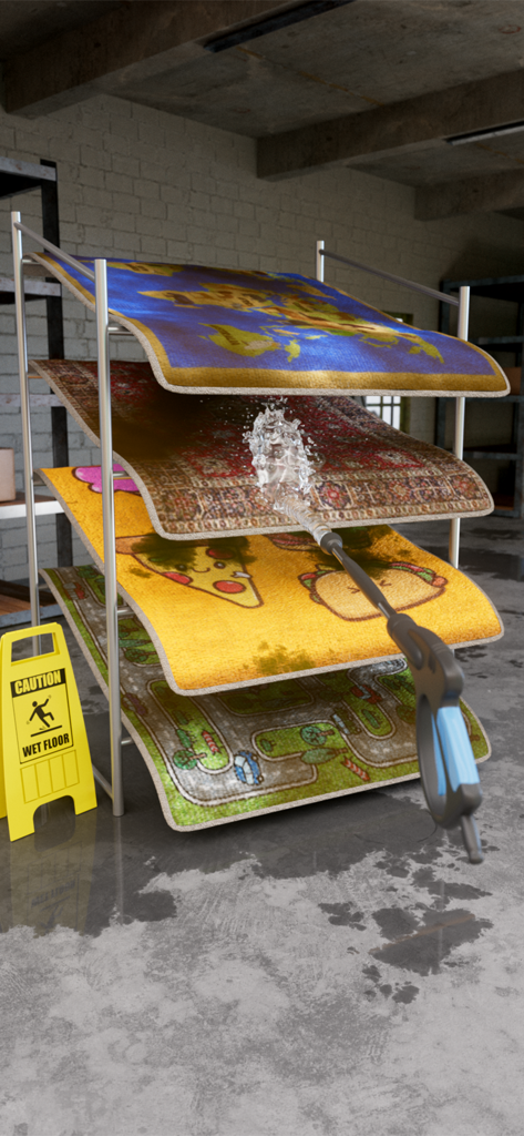 A high-pressure water sprayer cleaning a stack of various patterned rugs in a workshop with a wet floor sign