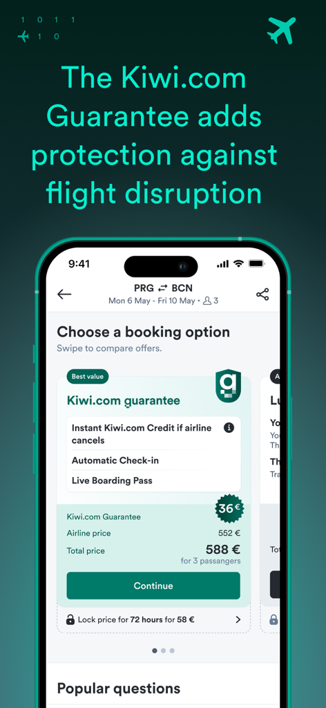 Captura de pantalla de la aplicación Kiwi.com que muestra la garantía de interrupción de vuelo y las opciones de reserva con funciones de check-in automático.