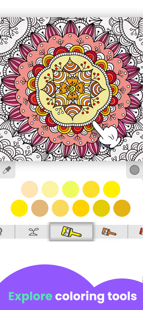SKIDOS Coloring Games for Kids - Interfaz de la aplicación de colorear SKIDOS con un mandala y una paleta de colores amarillo y naranja