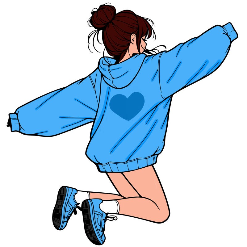 realistic girl jumping with a bun and oversized sweatshirt