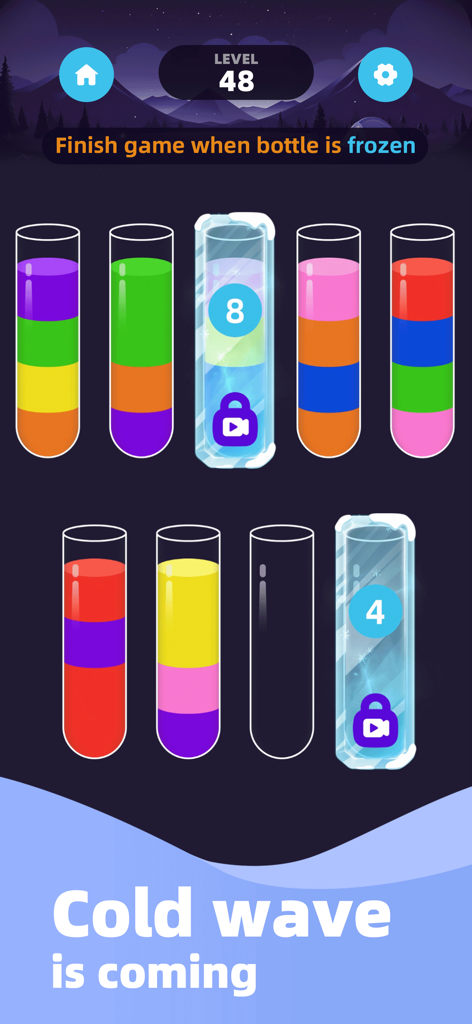 Water Sort Master-Color Puzzle - Water Sort Masterのゲームプレイ。カラフルな液体ボトルと、寒波レベル中の氷結チャレンジメカニズムが特徴です。