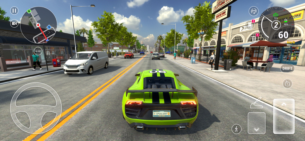A bright green sports car driving through a city street in the Car Parking Driving School mobile game