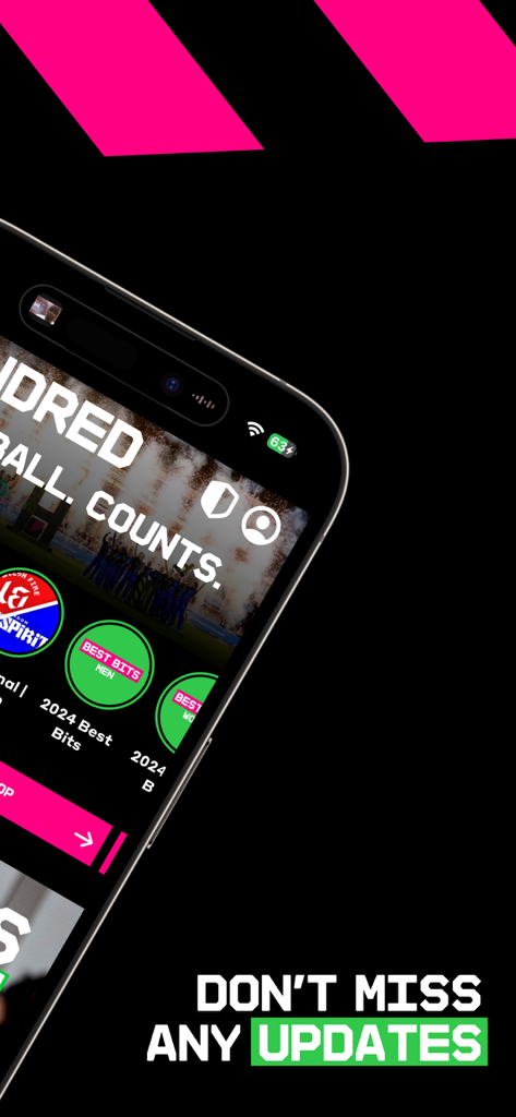 The Hundred - Smartphone screen displaying the home page of The Hundred cricket app with match highlights and team logos.