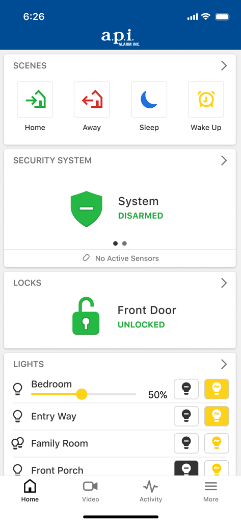 apiALARM - apiALARM app interface showing security system status, door locks, and lighting controls.