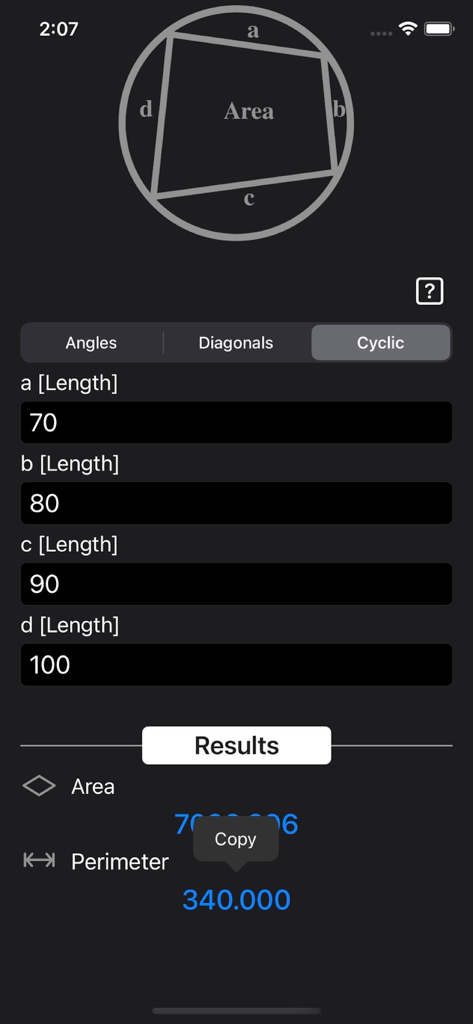 Quadrilateral Calculator interface calculating the area and perimeter of a cyclic quadrilateral using side lengths.