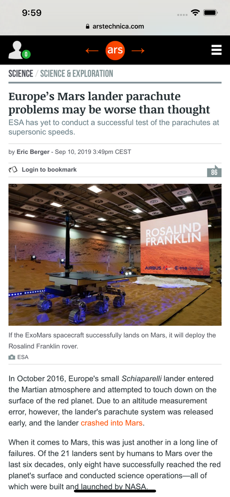 Navegador interno del Lector RSS Heartfeed mostrando un artículo científico de Ars Technica.
