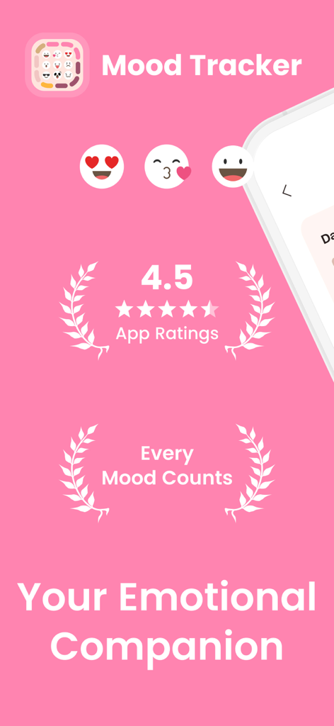 Tela promocional do aplicativo Mood Tracker com fundo rosa, classificação de 4,5 estrelas e o slogan Seu Companheiro Emocional.