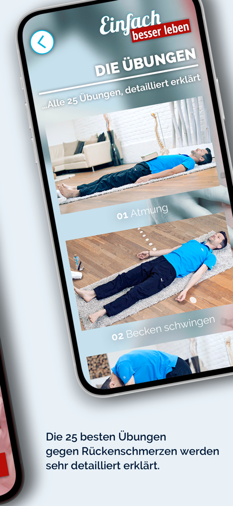Bildschirm einer mobilen App, der eine Liste von 25 Rückentrainingsübungen mit Fotodemonstrationen für Atem- und Beckenbewegungen anzeigt.
