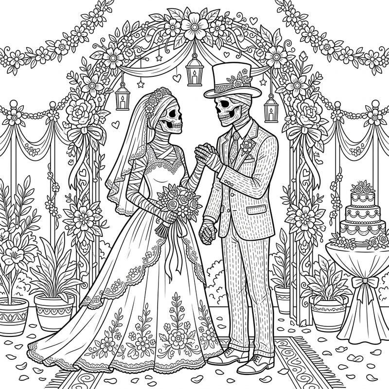 Step into a world where love transcends time with this extraordinary Bog Mummy Wedding coloring page. Featuring a beautifully detailed mummified couple celebrating their eternal union, it's a perfect blend of romance and gothic charm.