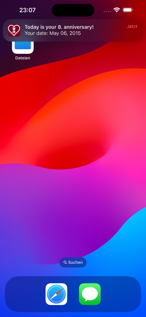 iPhone screen displaying a LoveCounter app notification for an eighth anniversary