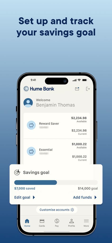 Hume Bank - Hume Bank app mobile interface showing a savings goal progress bar and account balances for Benjamin Thomas.