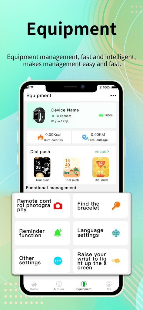 HD Fit Pro - HD Fit Pro app equipment screen with smartwatch status and functional settings.