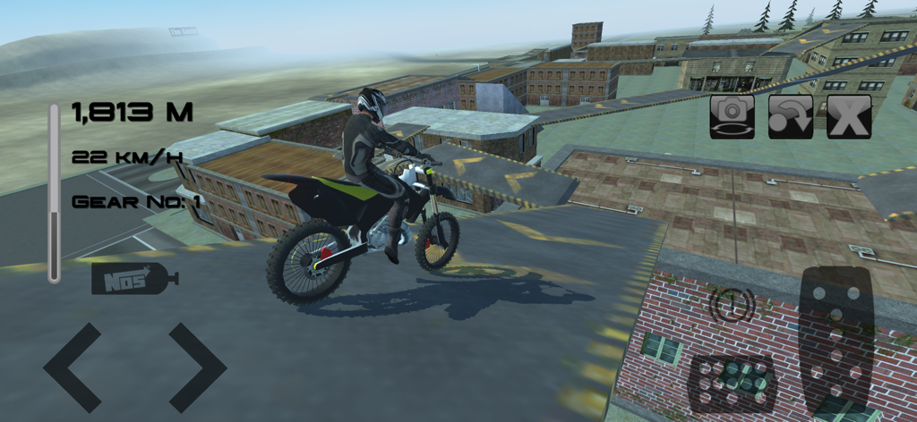 Fast Motorcycle Driver - A motorcycle rider performing stunts on a rooftop ramp in a 3D city environment.
