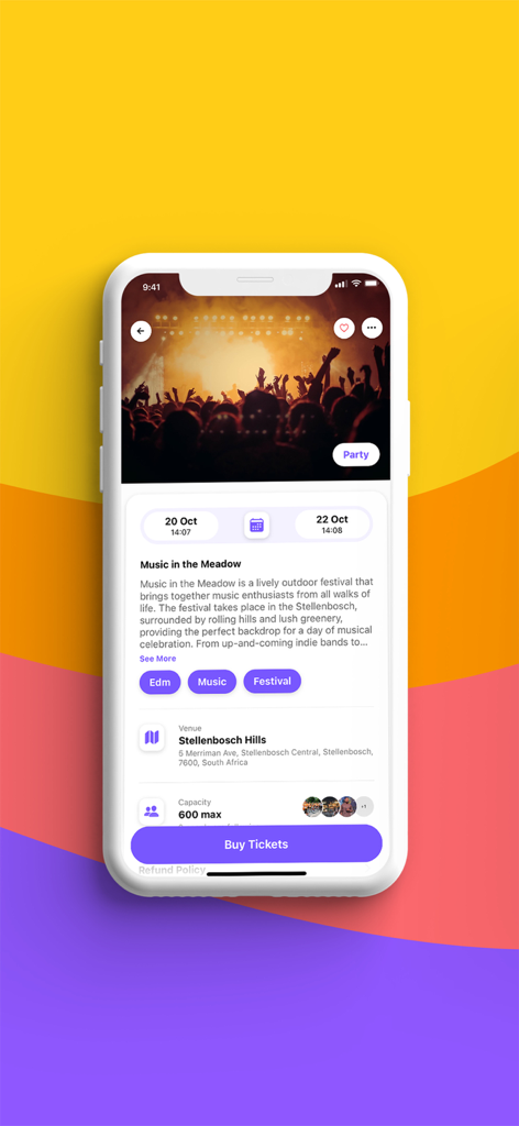 Sociable - Sociable app event page showing details for a Music in the Meadow festival with a buy tickets button