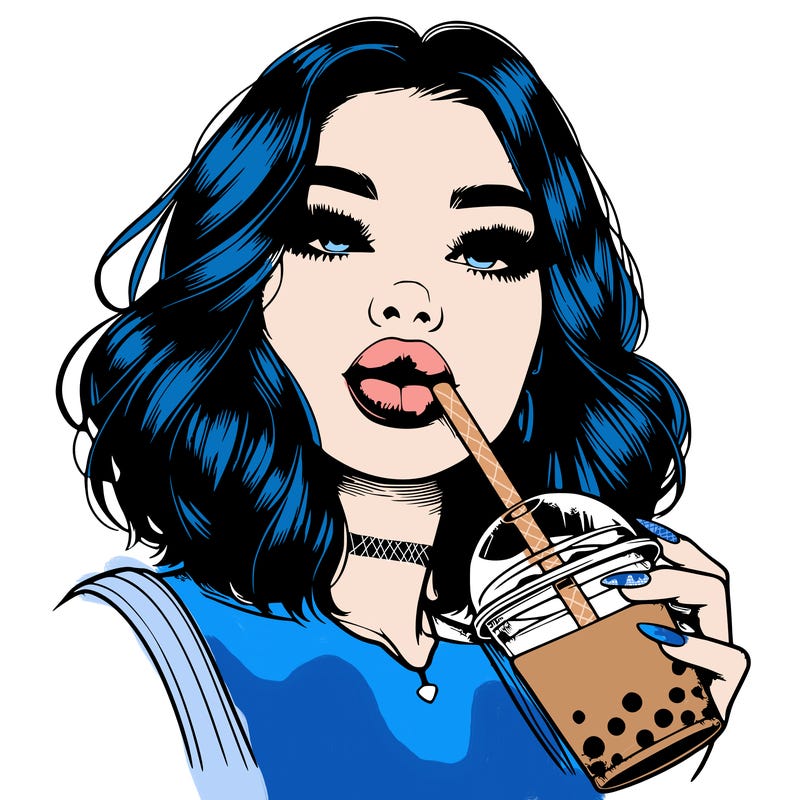 realistic girl with glossy lips holding boba