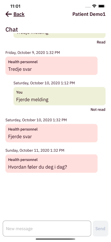 Interface de chat sécurisé dans l'application Dialogg entre un patient et le personnel soignant
