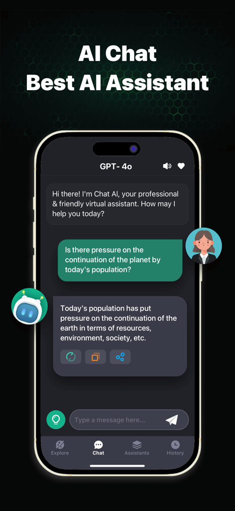 AI Chatbot - Chat Companion - Interface de l'application Chatbot IA Compagnon de Discussion sur un iPhone affichant une conversation avec un assistant virtuel sur l'impact de la population mondiale
