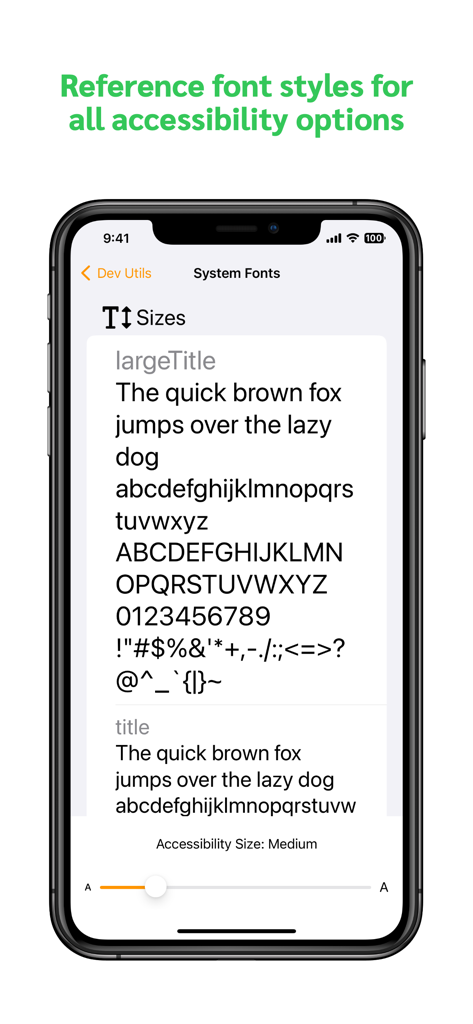 A mobile interface from the Dev Utils app showing a list of system font styles with a slider to adjust accessibility sizes.