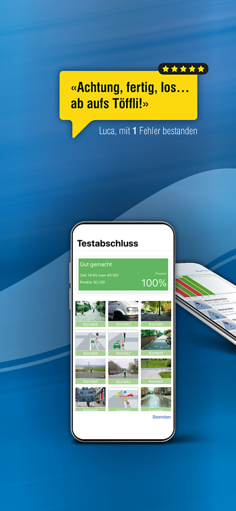 A smartphone screen showing a 100 percent score on a moped theory exam within the vTheorie Mofa app.