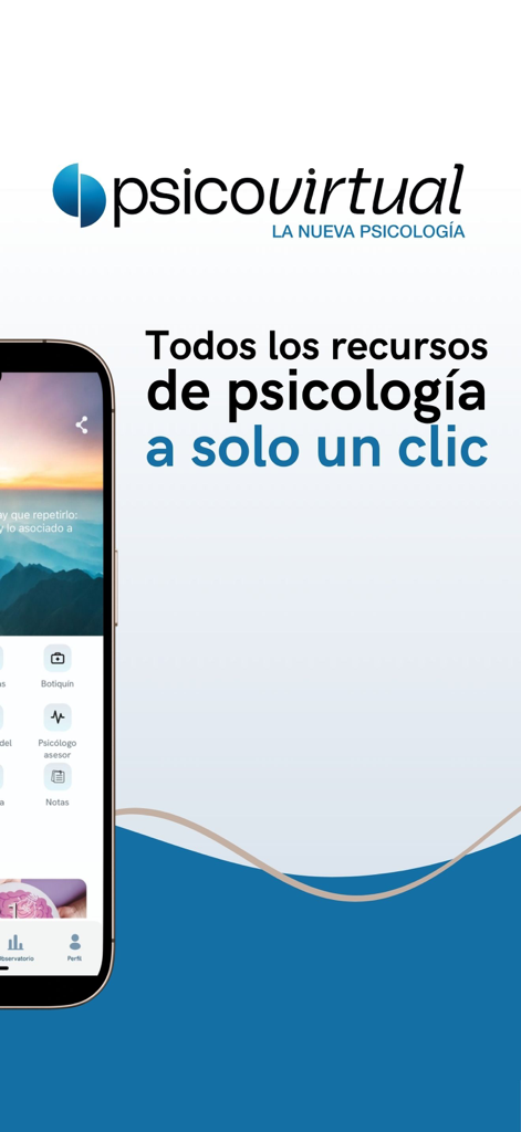 Psicovirtual - Psicovirtualアプリのインターフェース、スペイン語での心理学リソースへの簡単なアクセスを強調