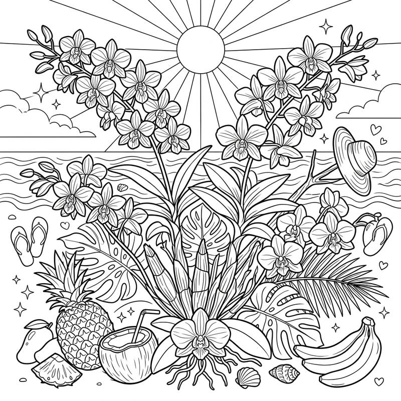 Dive into a vibrant summer escape with this intricate coloring page featuring elegant Dendrobium orchids amidst a bounty of tropical fruits. Imagine the warmth and beauty as you bring this sunny beach scene to life with your favorite colors.