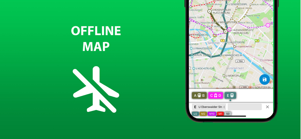 Public transport map Berlin - A smartphone displaying the offline map feature of the Berlin public transport app