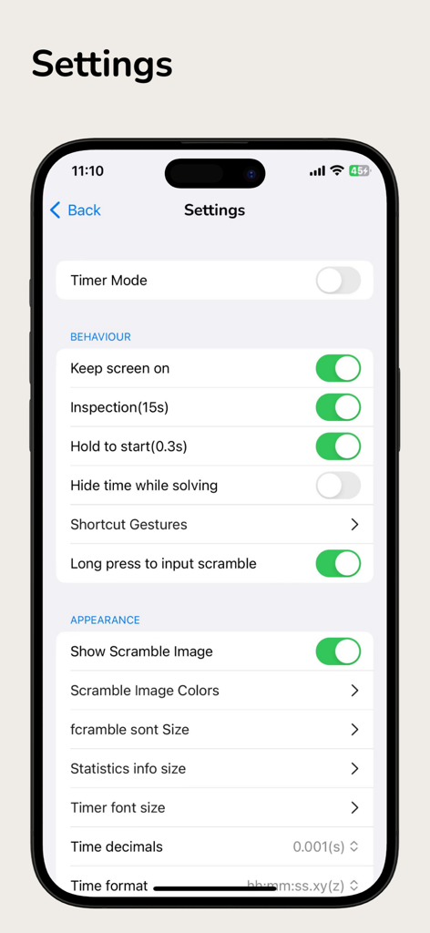 Last Cube X - Cube Timer - Pantalla de configuración para la aplicación de temporizador de speedcube Last Cube X que muestra opciones de comportamiento y apariencia.
