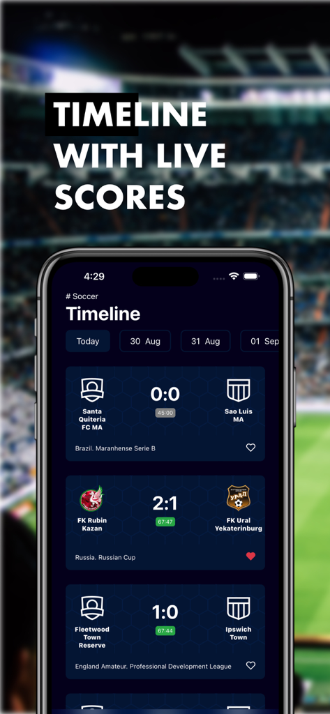 BMaster Sports - BMaster Sports mobile app timeline screen featuring live soccer scores and match updates